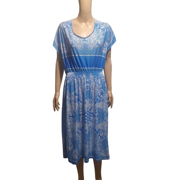 NEW Young USA Size M Blue White Paisley Smocked Waist Open Tie Back Midi Dress - Picture 1 of 11